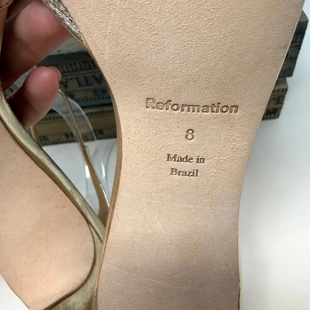 Reformation Gilda Platform Square Toe Heeled Sandal In Metallic Gold Size 8